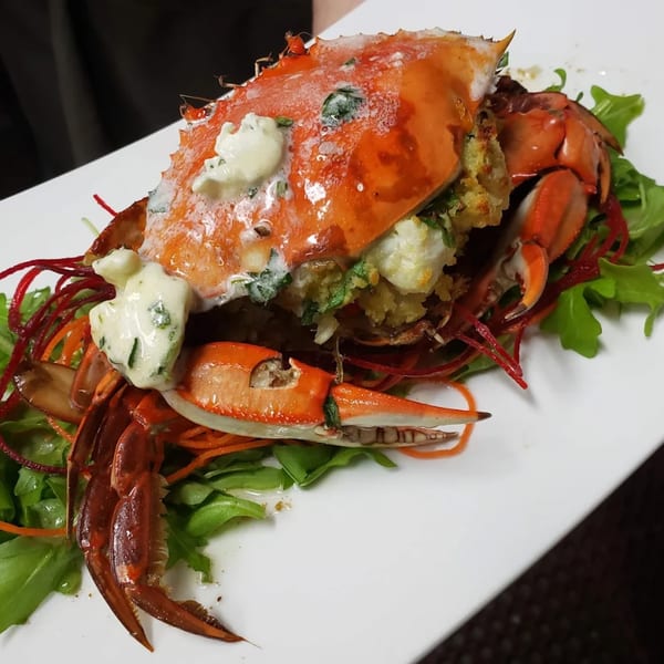 A whole cooked crab, stuffed and topped with a creamy sauce, served on a bed of greens.