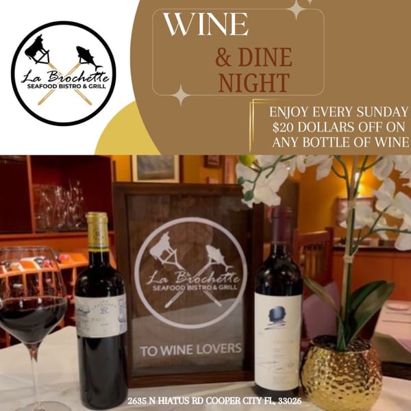 Two wine bottles, a glass of red wine, and a La Brochette Bistro sign on a table.