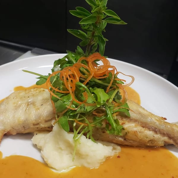 Pan-seared fish fillets with mashed potatoes, a vibrant salad, and orange sauce on a white plate.