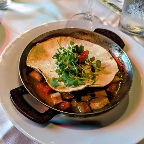 French dish in a skillet with meat, vegetables, broth, and a flatbread topped with microgreens.